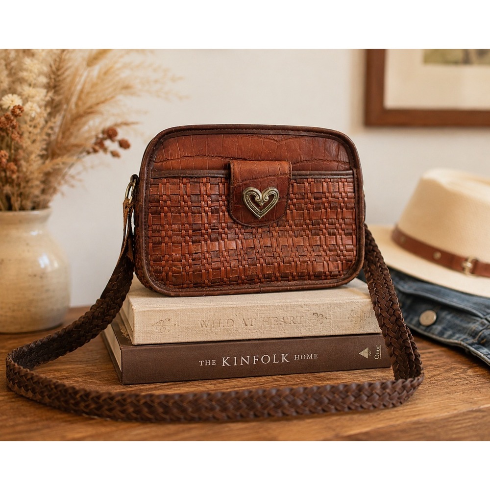 Vintage Brighton Leather Purse Woven Braided Rectangular Crossbody Bag Key Fob